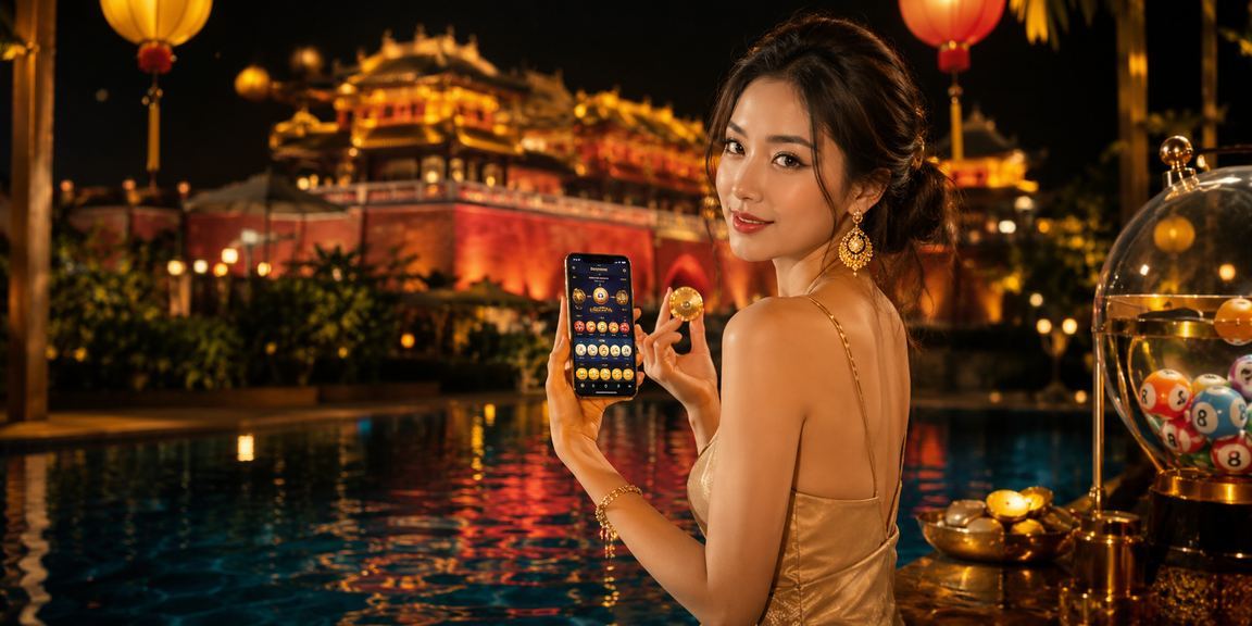 Cảnh đèn lồng Hội An về đêm, người dùng tham gia xổ số và cá cược trực tuyến qua điện thoại